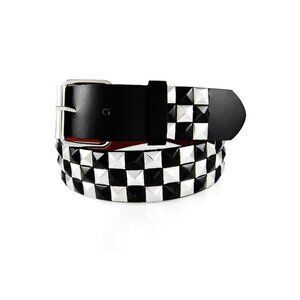 Black and Silver Studded Leather Belt Unisex 3-Rows Metal Pyramid Size Large